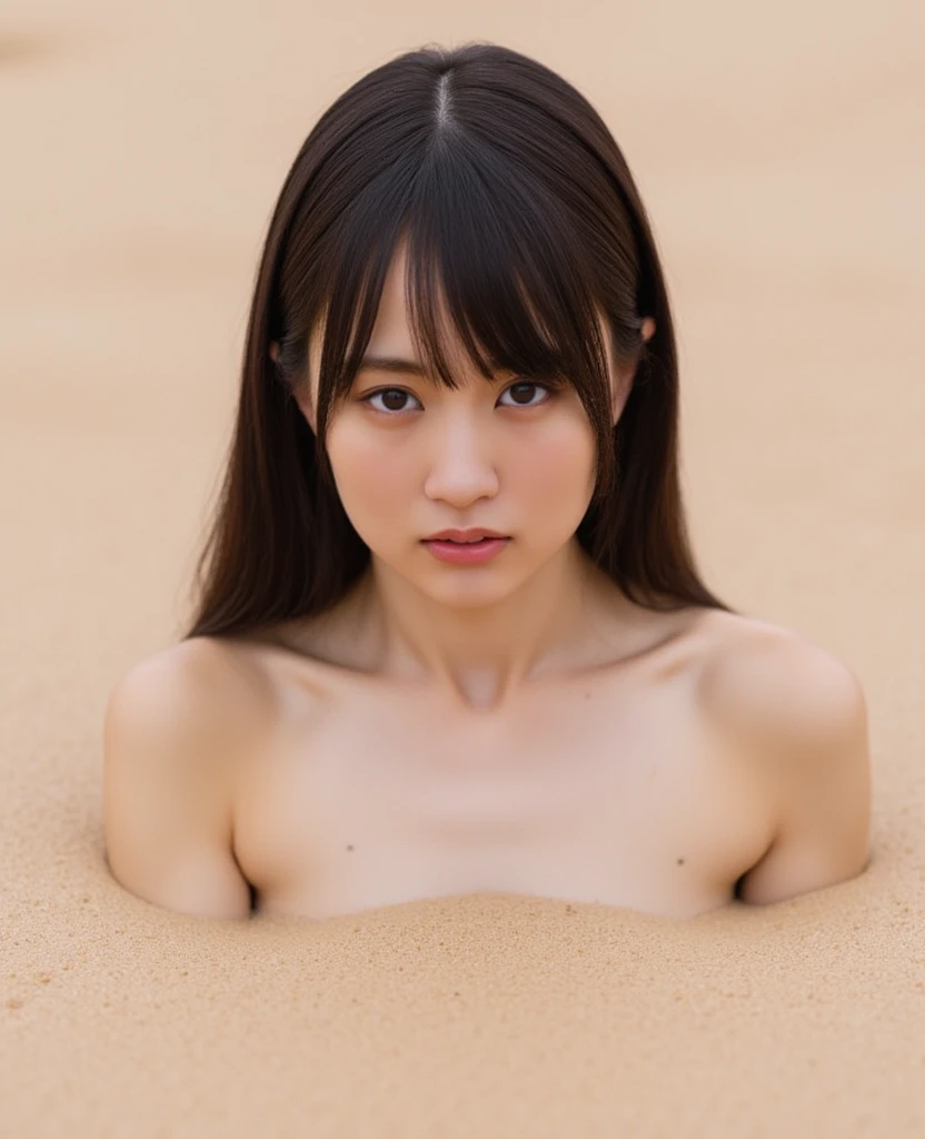frame in, from right in front of face and body, view straight on, upper body, High quality, very high res, High quality, very high res, cute girl, (straight hair1:2), black hair, forehead, blunt bangs, medium hair, blush, Brushed up bangs, (nude), topless, medium breasts, I can see your belly button, ((covering breasts)), smile, at beach