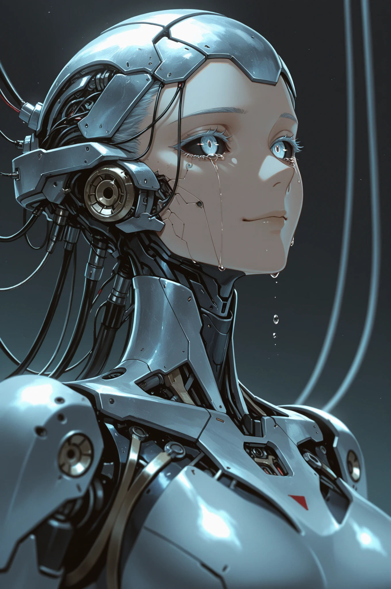 Top Quality, Masterpiece, Ultra High Resolution, ((Photorealistic: 1.4), Raw Photo, 1 cyberpunk android Girl, ((portrait)), Glossy Skin, (Ultra Realistic Details)), transparent plastic covering mechanical limbs, tubes connected to the mechanical parts, mechanical vertebrae attached to the spine, mechanical cervical attachment to the neck, wires and cables connecting to the head, Evangelion, ((Ghost in the Shell)), small glowing LED lamps, global lighting, deep shadows, Octane Rendering, 8K, Ultra Sharp, Metal, Intricate Ornament Details, baroque details, Very intricate details, realistic light, CGSoation trend, facing the camera, neon details, (android manufactory in background), art by H.R. Giger and Alphonse Mucha.