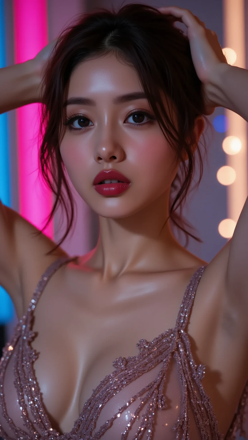  1girl, alone, solitary, high quality, (best quality,4k,8k,highres,masterpiece:1.2),ultra-detailed,(realistic,photorealistic,photo-realistic:1.37),gorgeous hair,light brown hair,long hair with curls and bangs,sharp eyes,mole under the eye,plump lips,jewelry,(high detailed skin:1.4),(rim lighting:1.3),(lit:1.3),(sunny day:1.3),portrait,beautiful lips,waist-length hair,seductive gaze,moles,casual clothes,colorful clothing,close up,super long hair,choker necklace,bangs,fringe,dimples on the cheeks,dimples,brown hair,lighthair,brown hair,black,red lips,red lipstick,round lips,round pouty lips,pouty lips,douyin makeup,sparkly makeup,glitter,blue,green,pink,purple,wine red,highlights,colored highlights,piercings,gems,glitter,lipstick,lip gloss,tattoos,tattooed,navel piercing