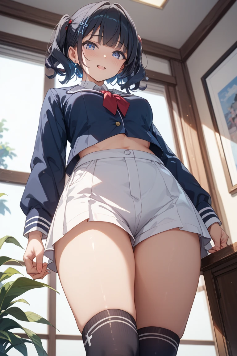 ((Table t○p, highest quality, Hi-Res Lucifer,Anime Screen Capture、Pixel perfect, 8k, nsfw)))、Perfect Anatomy、(((Huge breasts、Wide Hips、Wide ass)))、(((Bobcut、Blunt Bangs)))、((Skirt flipped up by the wind、White Shirt、Black Mini Skirt、Blue striped panties))、Sweat, vapor,(Yellow Eyes)、((Black Hair)), ((((:d、blush))))、(((In town)))、