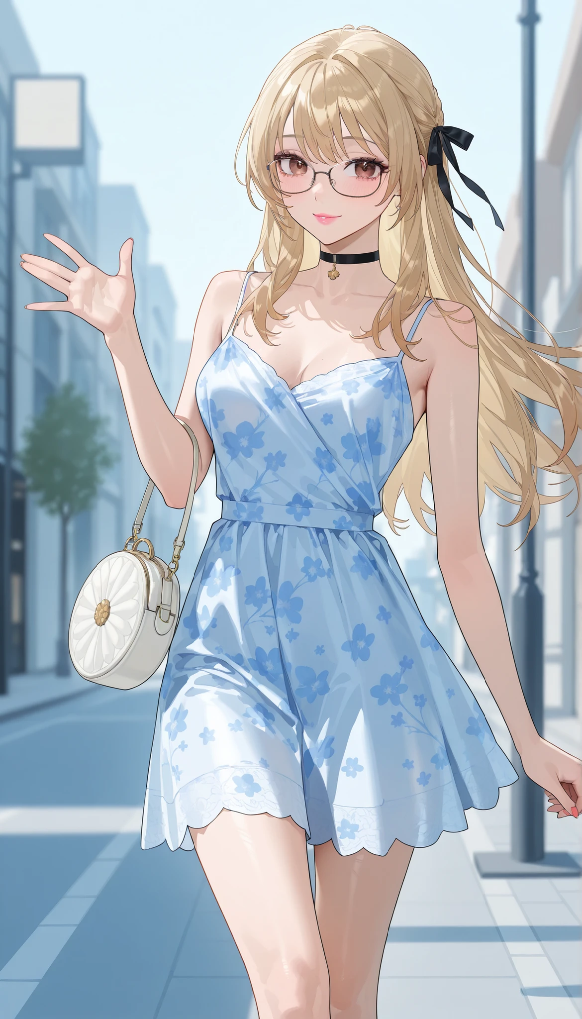 Super detailed, very detailed, masterpiece, highest quality, best quality, absurd, high resolution, subsurface scattering, (1girl:1.5), (solo:1.4), smile, blonde light blonde, asymmetrical hair, asymmetrical bangs, ponytail, medium bangs, hair between eyes, brown eyes, eye reflections, detailed eyes, perfect eyes, rendered eyes, (looking at the audience: 1.1), dynamic pose, dynamic angle, full body, perfect hands, hand details. Detail enhancement. Delicate skin, skin pores, shiny skin, shiny skin, shiny skin, (skindentation:1.2), breasts, hair flow, idol, light casual wear, delicate thin slip clothes, miniskirts, (penties:0.7), summer, daytime, sun, outdoors, college, campus, city, sidewalk, (water:0. 8 ), (Detailed background: 1.2), (Complex background: 1.2), Depth of field, small choker --auto --s2