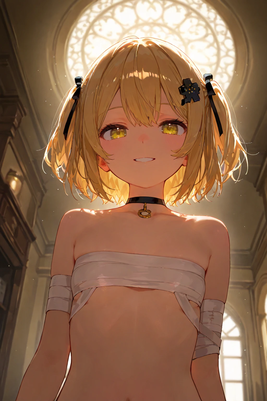 nsfw, (8k、Best image quality、Highest quality、masterpiece)、Detailed face、Detailed Background, Improve、A beautiful 18 year old woman, (Golden Hair:1.3), Short pigtails, flat chests, Short, (Black sleeveless gothic lolita blouse), (Black Gothic Lolita Skirt), Earrings, White Sandals, (grin), (Blushing:1.4), Squatting in front of the station, panties visible, (Red panties:1.2), from front, full body, nipple visible