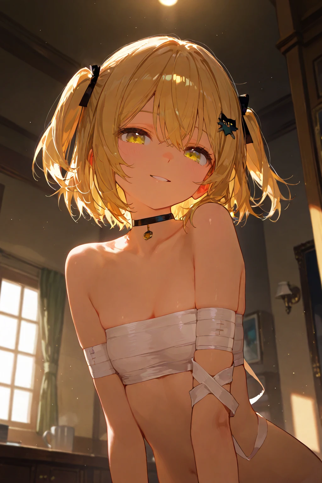 masterpiece,best quality, ultra-detailed,1girl(sakurai momoka, lovely small breasts, naked body, wavy hair,blonde hair, headband, pink flower in hair,green eyes, half-closed eyes), a come-hither face, parted lips, nose blush, blush, facing viewer , looking at viewer, solo, see-through nightgown, in the bedroom,  night time, standing, Sexy waist teasing,  come-on, lure, 