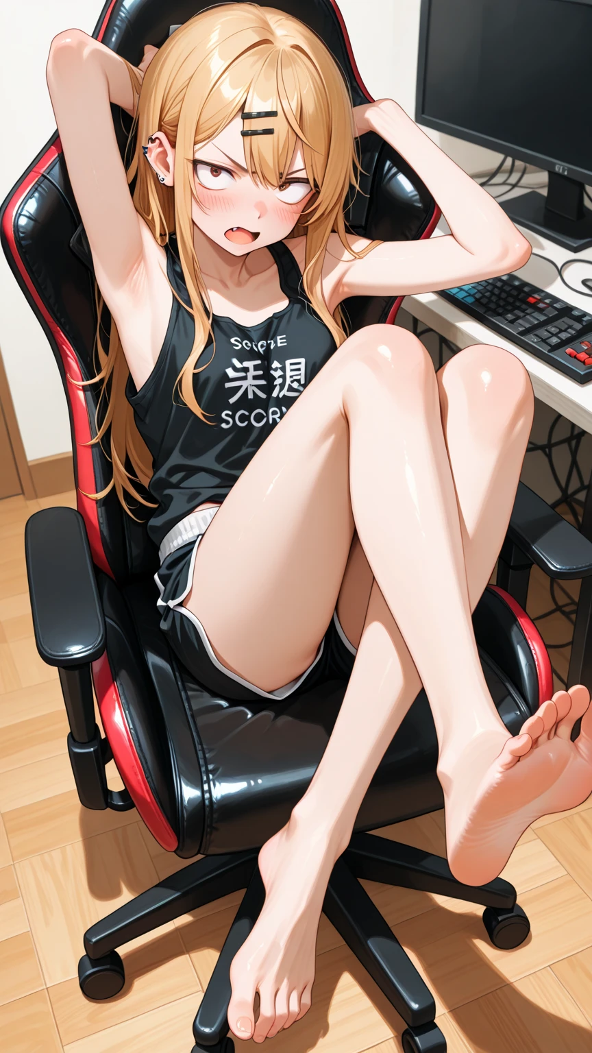 Woman, Red Hair, Large Breasts, Feet on chair, legs open, Dripping wet, Headphones, (Sitting on desk Chair), Mini SKirt, Red Tank Top, Plunging Neckline