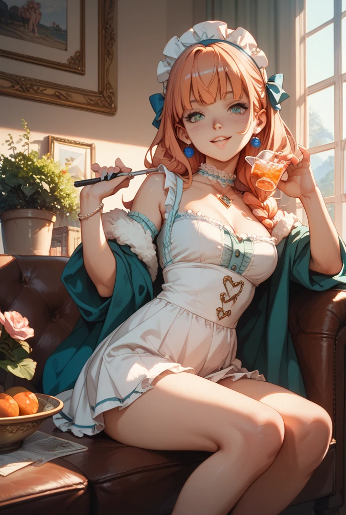 (Masterpiece), (portrait of a), (aesthetic), (beautiful), (Upper blody), (High Quality), (Aesthetic clothing), (Professional Angle), (rule of thirds), (femele), (girls), (femele), (beautiful),(Feminine features), (21 years), Solo, 1 woman, (Charming Japanese), wintery, (snowfall), (morning), (warm light), ((Holding Tray)), (Hand hands on the buttocks), ((Looking Ahead)), ((cheerful)), (Glamorous makeup), (Moderate chest), (apron), ((Long orange hair)), (Chestnut Hair), (Wavy hair), (braid hair), (Ribbon in hair), (Wide-open eyes), (Green Eyes), (playful expression), light skin, (Fur collar clothing), (blouse), (-), (blue skirts ), (Peter Pan neckline), ((Cafe interior background)), (Wide Shot Shot), beautiful hands, two hands, Normal hands, Two arms, Complete Hand, beautiful body, Beautiful Finger, Normal finger, five fingers, five fingers, Beautiful ears, Normal ears, beautidful eyes, Glittering Eyes, beautiful mouth, beautiful lips,
