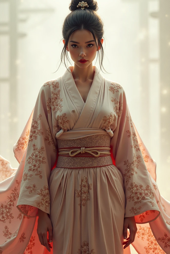 Adult girl wearing Hanfu still reveals her bare breasts, and long legs exposed