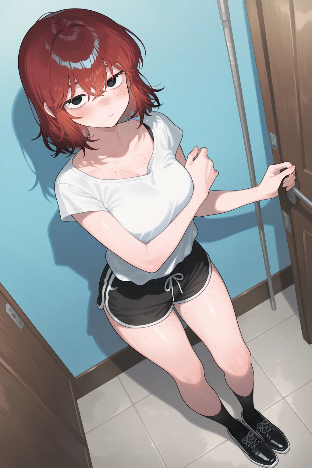 (masterpiece, best quality, ultra-detailed), 1girl, red hair, pale skin, locker room, tank top, (embarrassed:1.5), large breasts, penis, chastity cage, bottomless, arms behind back
