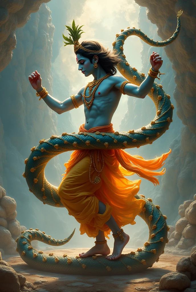 A beautiful picture lord Krishna's dance on the kaliya nag in thunder