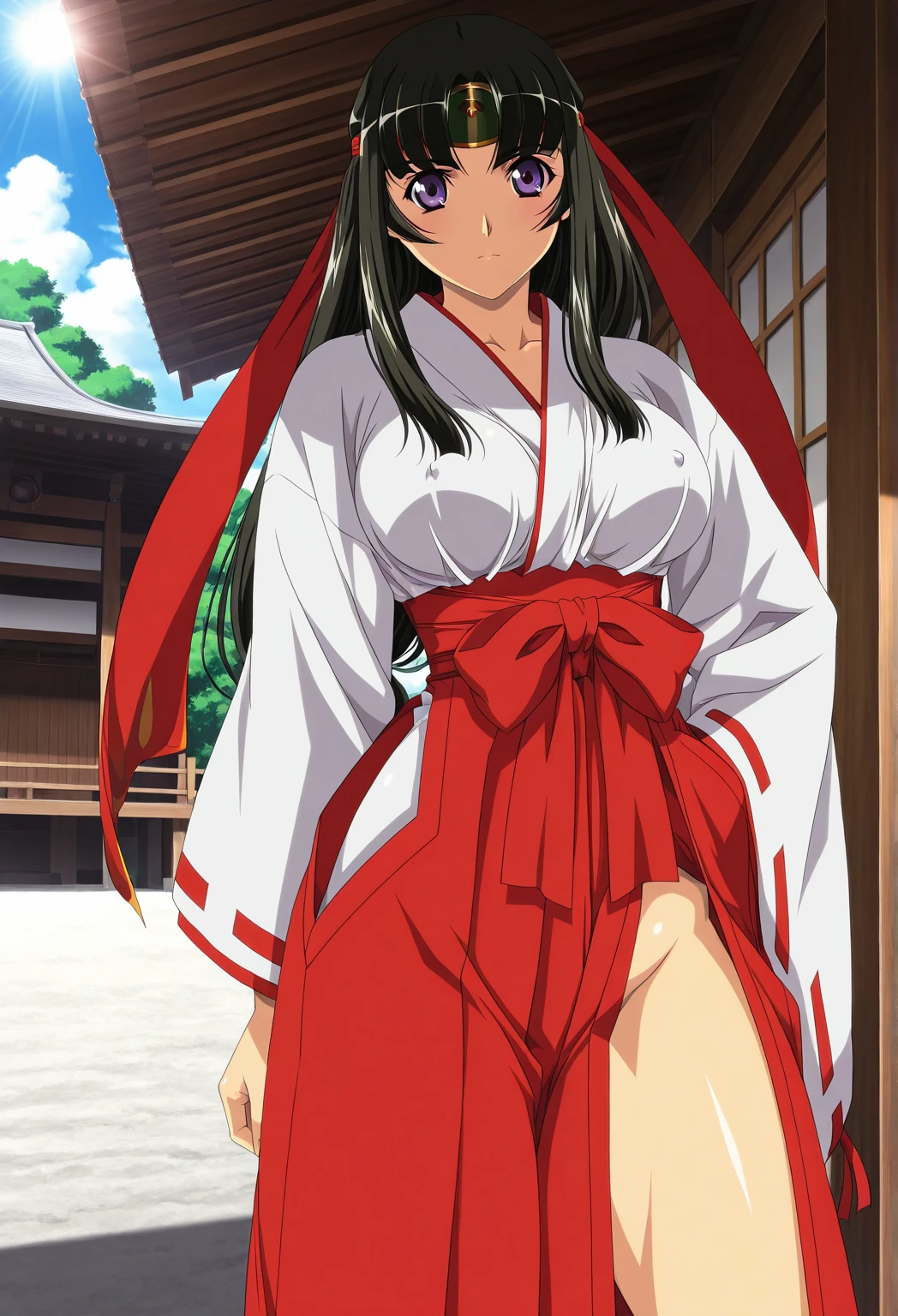 ((masterpiece)),((best quality)),ultra-detailed,illustration,1girl,solo,(blue eyes,miko,japanese clothes,brown hair,breasts,long hair,large breasts),hakama,hakama skirt,skirt,red hakama,wide sleeves,looking at viewer,Beautiful Finger,Beautiful long legs,Beautiful body,Beautiful Nose,Beautiful character design,perfect eyes,perfect face,alluring,
wallpaper,perfect lighting,Colorful,ultra highres,4K,shiny skin,photography,8K,HDR,highres,(groin),day,(beautiful face:1.5),(narrow waist),(full body:1.5),Shirayama Fumiko,(shrine,shrine bell),(Cherry tree,Shrine gate),(Sweep the floor:1.5),<lora:Shirayama Fumiko:0.7>,