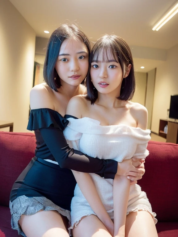 (Highest quality), (masterpiece), highly detailed, A naked Riho Yoshioka is lying on a bed, licking a thick penis sticking out from the front with her tongue., Oral sex, body, Eyes that are evenly shaped, Big eyes, Droopy eyes, A dreamy look, She holds her breasts together with both hands, a thick penis sticking out from below, deep between them., Cum on her face, she does shy smile, she is blushing, Beautiful mouth, Beautiful penis, get creampied, traditional cheongsam mini dress, A simple background with just a sheet,