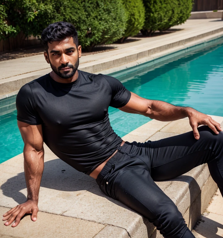 Maldivian male 20 years old , black tights, beach boy, nice hair, surfer, toned body, wet, tights, angry face expression, bad boy, dominant, alpha master, armpit, sitting on the beach, big bulge