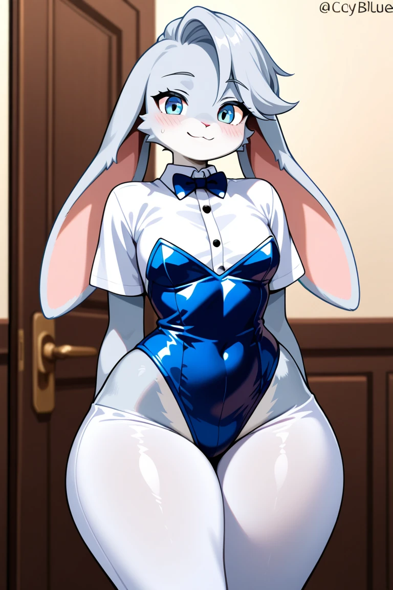 Small, slender, female plush bunny with nice, big thighs and large breasts, gray and white fur, pretty blue eyes, and wearing a short dress with a mini skirt, full body. It's a toy and has life..