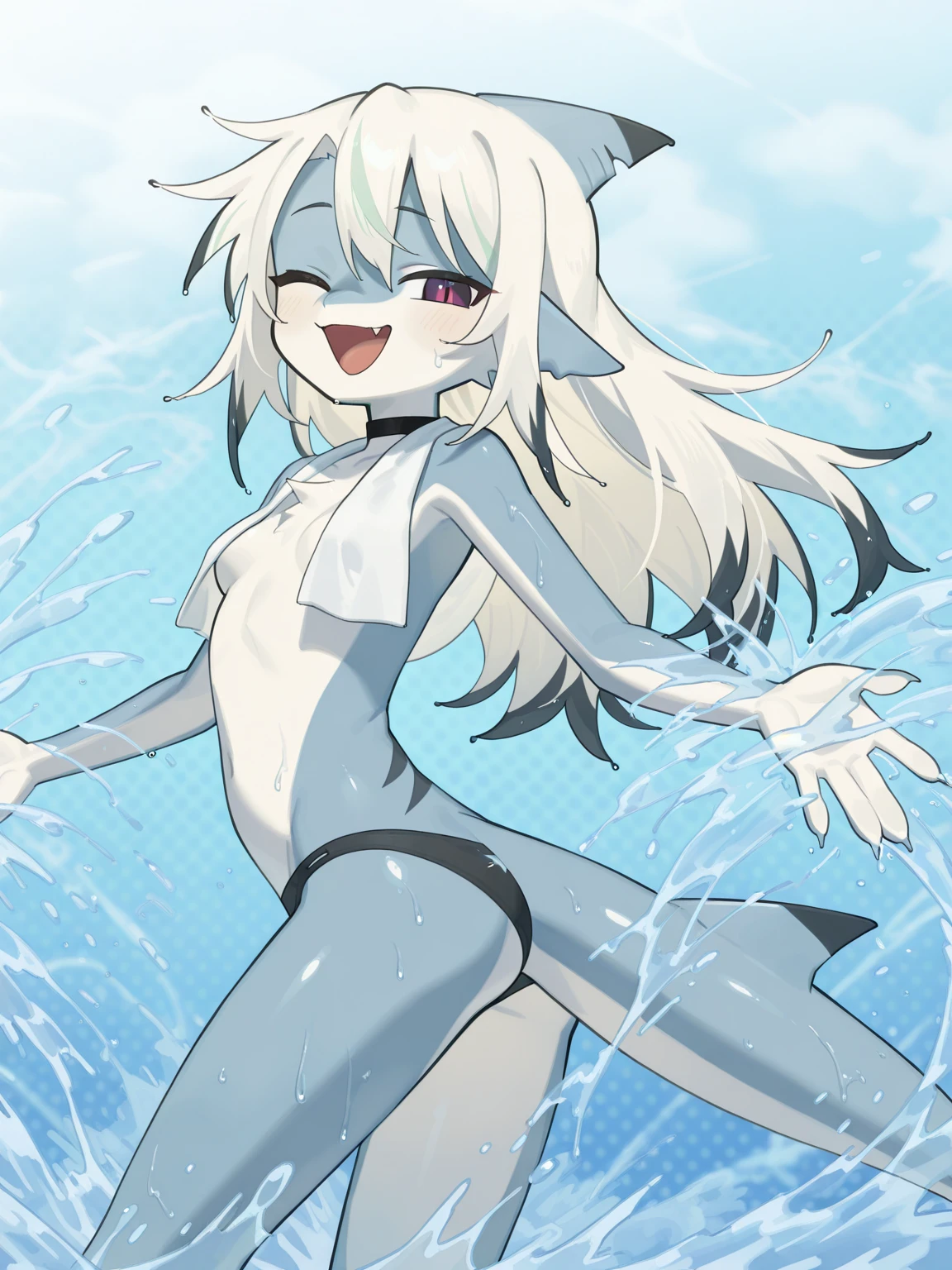 Anime humanoid girl with wolf features with ears and tail with gray hair wearing a swimsuit or bikini smiling, the girl full body and immersed in the water as if swimming