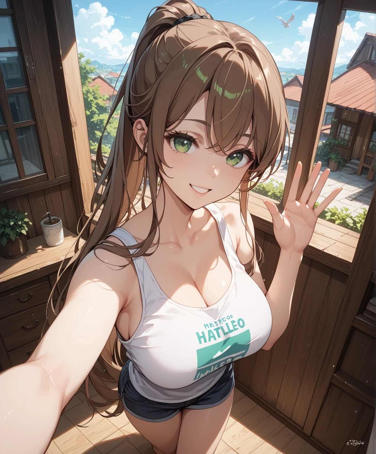 {masterpiece, distinct_image, extremely detailed CG, beautiful eyes and detailed face,realistic, photo realistic, 4k, 8k, high_resolution,perfect_finger, (beautiful_detailed_eyes:1.3), glitter, white_light, (glow_white_face:1.3), summer_light{1girl, face_focus,cowboy_shot, looking for_in_viewer, standing, (V-sign pose:1.5) },{adult, curvy, (huge_breasts, wide_hip:1.3), navel, skinny_stomach,tight_gap, groin (white_Y-shirt, sky_blue_short_skirt, cleavage,, brown_colored_cardigan, tanning_skin, brown_skin, white collar:1.5), (yellow_hair, green_eyes, long_hair, ponytail:1.3), hime_cut, (half closed eyes, smiling face:1.3), sweat, Japanese_Anime_blue_sky_background, under green tree background }