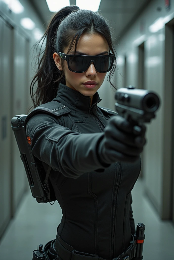 Sci-fi conceptual art, spiral Ying and Yang forces are core balancing factor of the world, wormhole, flying vehicle flying through, dark cosmos as background. (1girl, solo), photo realistic, large-breast:1.2 slim:0.8 body, cleavage:1.2, (matrix style black sunglasses), (holding a mini:1.1 pistol), half-body thigh level medium shot, cinematic lighting, ray tracing.