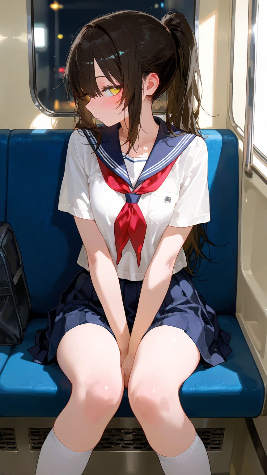 1 girl, 18 years old, long hair, black hair, straight hair, short bangs above brows, sleeping,
BREAK (masterpiece), (high resolution 8K), cinematic lighting, professional lighting, detailed eyes and face, detailed body, 
BREAK , short sleeve shirt, blue bowtie, pleated mini skirt, (white panties, panty shot:1.1), 
BREAK indoors, in the train, sitting on the seat,