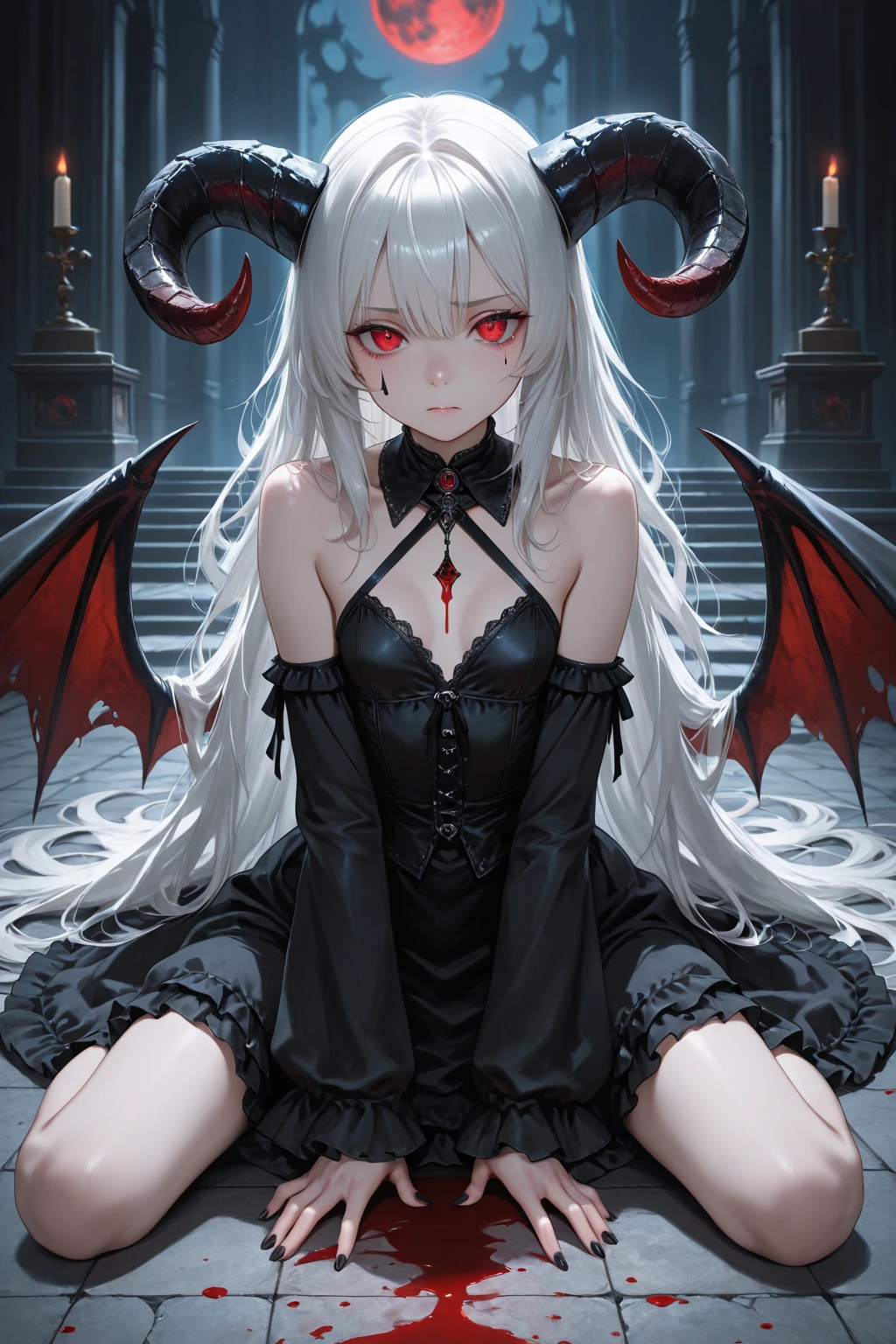 masterpiece, (detailed, high resolution, best quality), 1 Girl, Altria， Cool tone，expressionless，Temporarily white skin，Sharp Claw，Skin whitening，little color，Female vampire，Evil expression，Long hair reaching knee length，Gold hair，Tall and slim，Devil's Horn，Devil's wings，Chest revealing clothing，Navel exposed suit，Fishnets，Flying in the air，late at night，Vampire Teeth，Sharp Claw，full moon，crotch tattoo，Thin waist and fat arms，Devil Wings，crotch tattoo，Both hands，legs