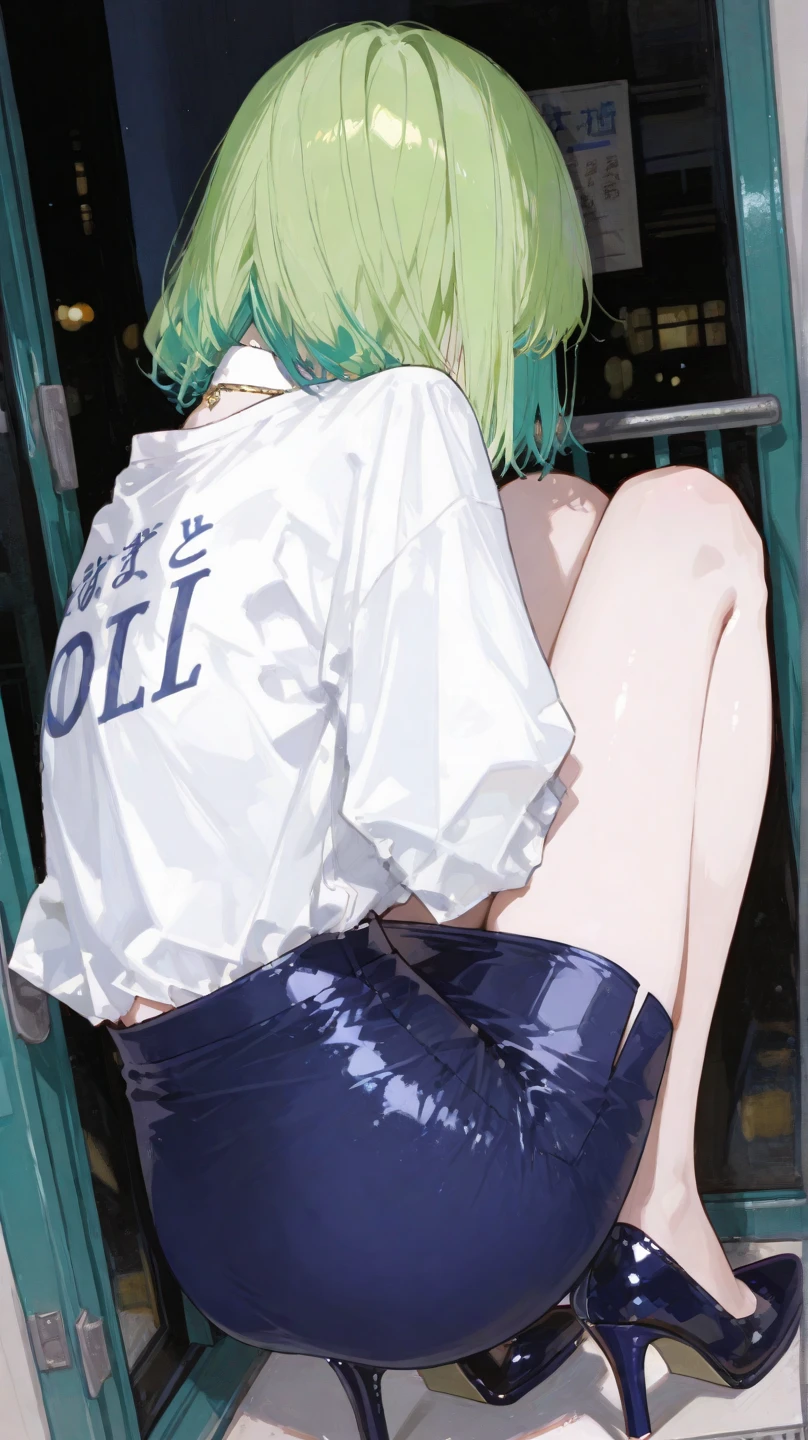 tatsumaki,short green hair,Hip Bear Robe,Lawn Park,Open the chest,Solid blue background,Cute Loli Style,having fun,Fleshy thighs、Sit with your knees bent、Show off your panties、NSFW