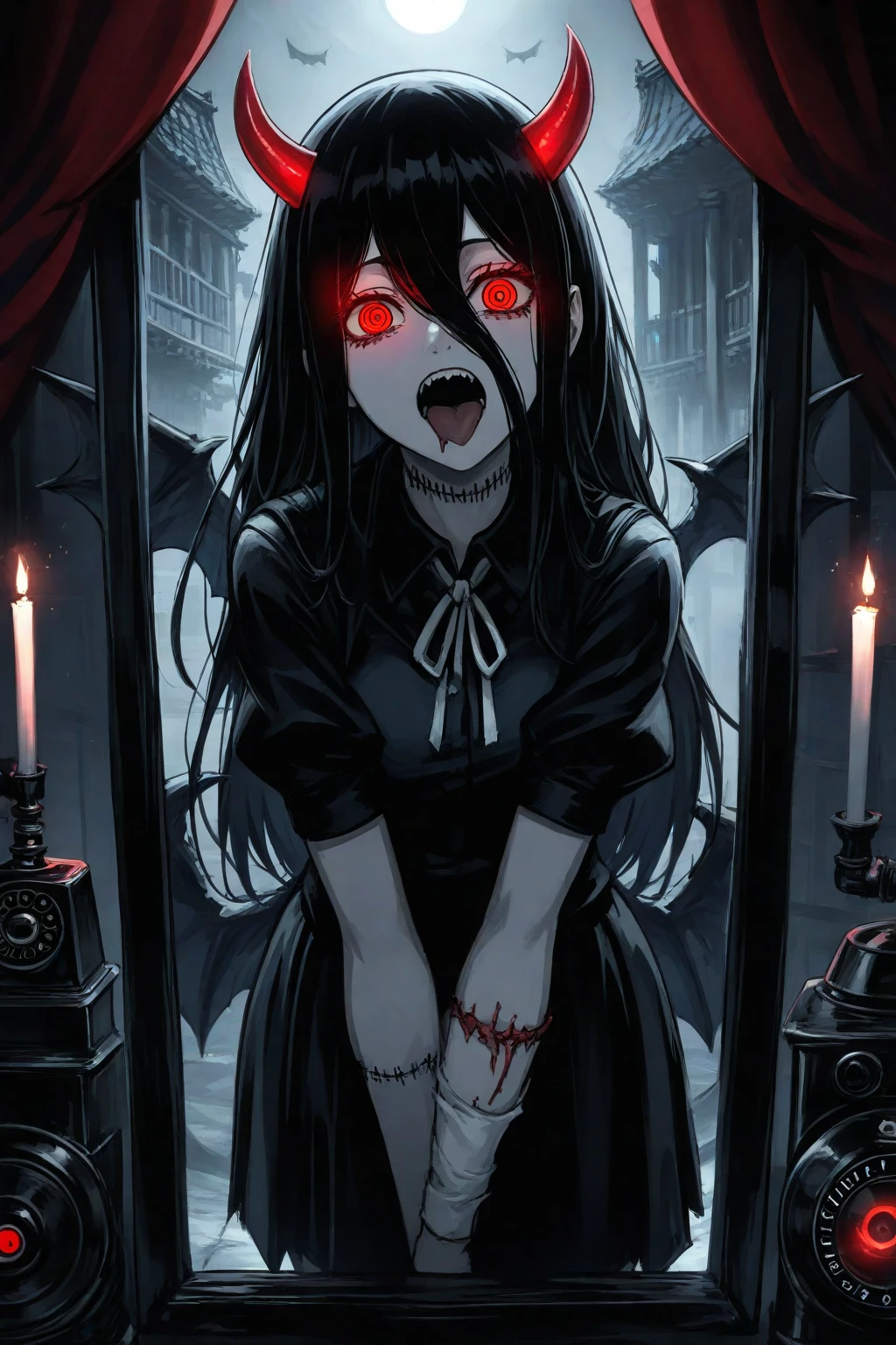 masterpiece, Highest quality, High resolution,(Highest quality,4K,High resolution,masterpiece:1.2),Very detailed,Realistic:1.37,masterpiece, Highest quality, Exquisitely crafted, woman, beautiful, elegant, smile, Blood, iridescent Long Hair, bangs, skirt, shirt, Long sleeve, Frills, shoes, (Red and Black:1.4), flower, spooky, Horror, head蓋Bones, Long Hair, Black Hair, Candles, Blood, hair flower, Dead, hair ornaments, Bone, 人形Horror (theme),spooky altar background,Dark fantasy,Red color scheme,Ominous atmosphere,eyeを引く,Storytelling,Anime Style,Concept Art,beautiful細部までこだわった顔と (((赤いeye ))),A terrifying ritual ,Satanic Ritual,Humanoid,クレイジーなsmile,Scythe Face,Girl Monster, beautiful, Delicate facial features, 鋭いeye, Sharp Fangs, 青White skin, blonde,robot,Cursed Painting, Dark Background, Cinema Lighting, Dramatic Shadows, Gothic style, Gloomy atmosphere, Dark fantasy, One Girl, , Please open your mouth wide, Open your mouth and baring your teeth,Sharp teeth like a beast, Wide lips, very wide mouth, Vermilion cheeks, ,(Bloodしぶき:1.4),Scary smile, smile,Fallen angel design, ねじれたsmile、Bloodまみれの、headからの出Blood,、Bloodしぶき、,(Bloodしぶき:1.4),Crossbones, head蓋Bone,Horror 一人の男の子, Cream colored hair, Blonde, Pearly hair, nice boy, Pure white angel wings, Loose-fitting clothing, Larger clothes, dark red eye, eyeの下のたるみ, dark circles under eye, やみcute, Fluffy hair, Voluminous Hair, skinny, slim, very skinny, Androgynous, cute, spooky, short hair, Horror, Faded colors, White skin, spooky, Unnaturally thin, I'I am hungry, eye, eye in background, sharp eye, Long eyelashes, Under the eyelashes, Loose shorts, レースshirt, Frillsshirt, Tie the ribbon'head, Detailed clothing, A loose cardigan, Open cardigan, 滴るBlood, that'terrible, nightmare, Haunted, stitch, patchwork, string, Injury, hell, Injury on arms, self-harm, cut, Black Fingers, factory, Abandoned, A dismembered ghost,Many heads,Many heads,Lots of faces,Multiple faces,Multiple Girls,Frolicking Girl,複数のwoman,tea ,クレイジーなsmile,look up,Face shot,Scythe Face,Girl Monster, slave,beautiful, Detailed portrait, Delicate facial features, 鋭いeye, Sharp Fangs, 青White skin, Thick chain, Dark Background, Cinema Lighting, Dramatic Shadows, Gothic style, Gloomy atmosphere, Dark fantasy, One Girl, , Please open your mouth wide, Open your mouth and baring your teeth,Sharp teeth like a beast, Wide lips, very wide mouth, Vermilion cheeks, ,(Bloodしぶき:1.6),Scary face, Laughter Witch design, ねじれたsmile、Bloodまみれの、headからの出Blood,,、Bloodしぶき、,(Bloodしぶき:1.6),Crossbones, head蓋Bone, , Horrorスタイル, ((Fantasy Witch Costume)), ((Flowing white hair)), ,(Bloodしぶき:1.6),womanの曲線, Large Breasts, Thick thighs, Sexy flat stomach, Perfect hands, Perfect anime face, ((dark lolita dress)), Are standing, ((邪悪なsmile)), ,(Bloodしぶき:1.6),Victorian cities, gaslight, Steam circulates, Moonlight Illumination, night lighting, A sky filled with stars and galaxies,disaster々new devil horns,,(Bloodしぶき:1.6),アニメゾンビWitch design, ねじれたsmile、Bloodまみれの、headからの出Blood,,、Bloodしぶき、,(Bloodしぶき:1.6),Crossbones, head蓋Bone,,Photo Background,Wide Shot,Scythe Face,Girl Monster, slave,beautiful, Detailed portrait, Delicate facial features, 鋭いeye, Sharp Fangs, 青White skin, Thick chain, Dark Background, Cinema Lighting, Dramatic Shadows, Gothic style, Gloomy atmosphere, Dark fantasy, One Girl, , Please open your mouth wide, Open your mouth and baring your teeth,Sharp teeth like a beast, Wide lips, very wide mouth, Vermilion cheeks, ,(Bloodしぶき:1.6),Scary face, Laughter Witch design, ねじれたsmile、Bloodまみれの、headか