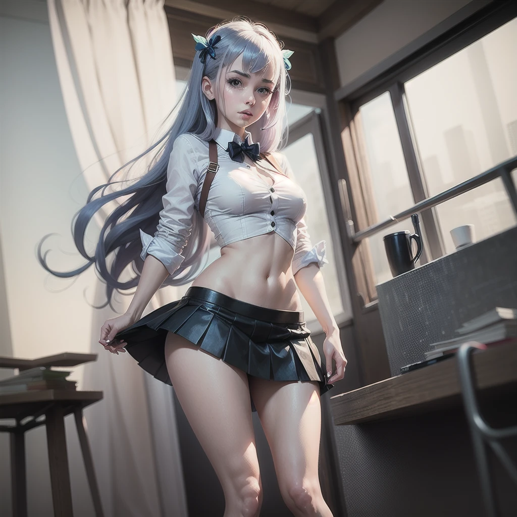 Blonde gray hair, Straight hair, Spread hair, Long hair, PUPILS SPARKLING, long eyelashes, blue eyes, makeup, Smile, Color Field Painting, Contemporary art,double whirlwind pattern design garment，Iris heterochromatic pupil，((girl with silver ponytail))((off shouldersの白いセーラー服))，((red necktie))、((Navy blue detailed flared miniskirt))((black stocking rack high heels))、free hight resolution,off shoulders、((The erection))、(Puffy eyes:1.２)、 (slim legs),(Light shines on the face and chest)、(((((underboob)))))、Lower breast、Oily skin、skinny、 (the underside of the chest is slightly visible),(visible lower breast、I can see your belly button and ribs)、Hip bones and lower abdomen are visible、Dark blue flared skirt、(lift up skirt）,((White T-back panties visible)),((Milky Way galaxy in the background))、 Northern Renaissance, Blurred, blending, From under the chest, Breasts from chest to side, the panorama, ultra wide-angle, Wide Angle, F/1.8, 135 mm, canon, nffsw, retinas, masutepiece, Elaborate, Anatomically correct, Skin Texture, Super Detail, high detailing, High quality, hight resolution, 1080P, Hard disk, 4K, 8K, top-qualityの,  Sexy Pose , ((cheer girl)), serafuku, Japanese school sailor uniform, darkblue pleated skirt:1.27), (From under the chest, White thong, 1.24),(top-quality)、 (​masterpiece)、(Professional lighting with fewer shadows)、 (A hyper-realistic)、 (perfect anatomia)、 (In front of the camera、There are two women、Bangs and forehead、White skin with no moles on the breasts, Unevenness under the eyes.:1.5), (Beautiful blue eyes with long eyelashes and red tear bags:1.5), (In front of the cameraで誇らしげに胸を突き出す2人.:1.2), (Another person on the other side、Turned back with arched hips)、