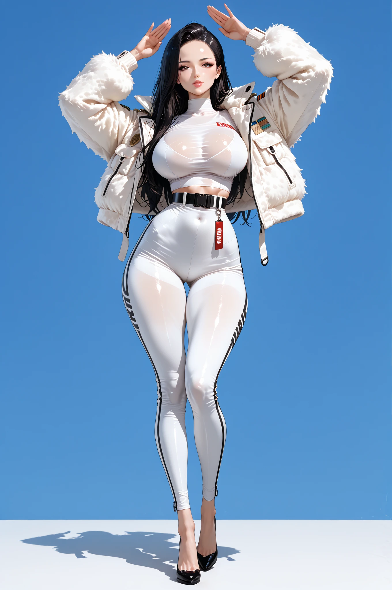 women,brown skin,black long hair, dark brown eyes, white tight bodysuit, big breast, white Trousers,standing on a meadow, break men stand behind,break, men stannd on the side