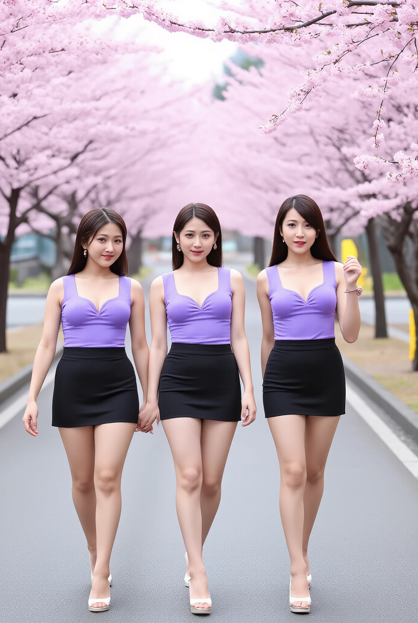 3 Japanese people in their 20s,3 Women with the prettiest faces,3 people walk side by side through cherry blossom trees,3 Extremely Beautiful Women with a Slim Waist, bust 90 cm,F cup,Nipples are not visible,I won't show,hide,deep v-neck,purple sleeveless sexy top that fits the body line,Unflinching,Beige Pretty Short Pencil Miniskirt with Slits,Short miniskirt that fits the body,white high heels,overall look,Long Hair That Extends to the Chest,model hand ,Beautiful mature woman with red lipstick,Wear accessories on both ears,Gold bracelet on left wrist,gold necklace on the chest,Smile Yan,looking at the camera,stare,high res,top quality