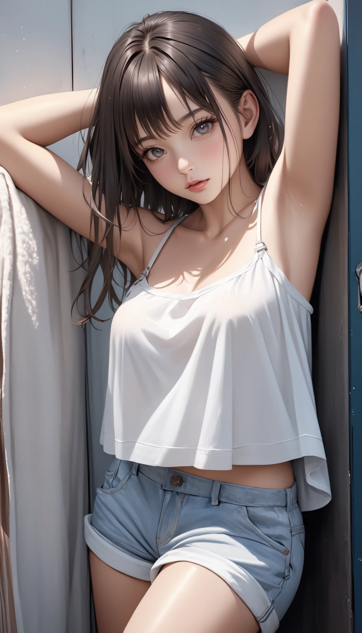 ((masterpiece, best quality)),((high resolution:1.3)), 1 Girl, solo, Cowboy Shot, Blurred Background, (((Small breasts))), Thighs, (underwear), ((lift Shirts:1.3)), Off shoulder