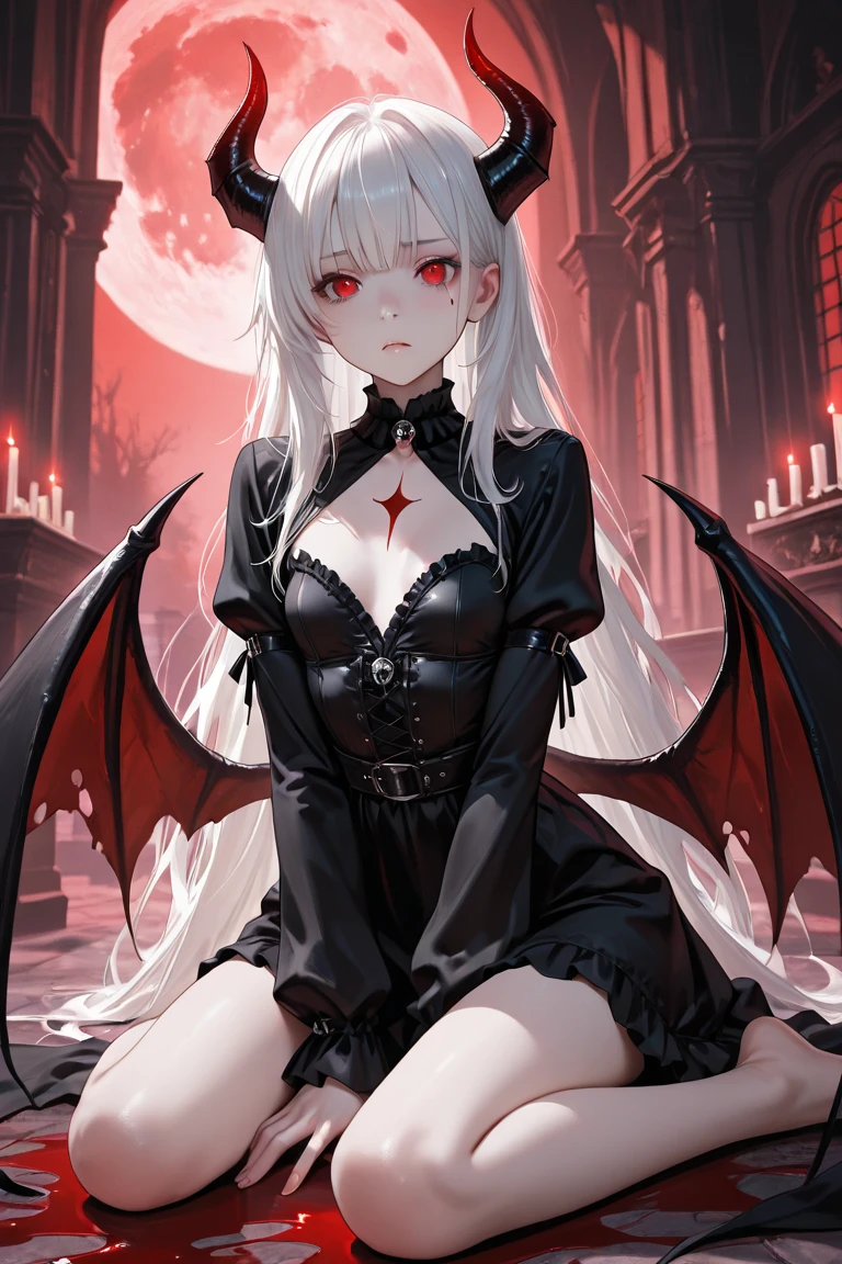 (masterpiece: 1.2, Highest quality),Long black hair, (Best lighting, Very delicate and beautiful), (Best lighting, Very delicate and beautiful), (Beautifully detailed face), (Detailed eyes and detailed face: 1.2), Dark fantasy, (Young girl, Little Beast, One girl, alone, Crazy Smile, Pale skin, ((Large tattoos all over the body)), Gray Hair, Red glowing eyes, Dynamic Angle, vampire), ( Get a vampire castle in the background), (Red Moon, Red Sky), pointed_ear, tooth, Devil's Wings, Devil horns, There was blood on my face., Rain of blood, blood mist, (Depth of written boundary), High Contrast, (Blood splatter: 1.4), Cowboy Shot, whole body,