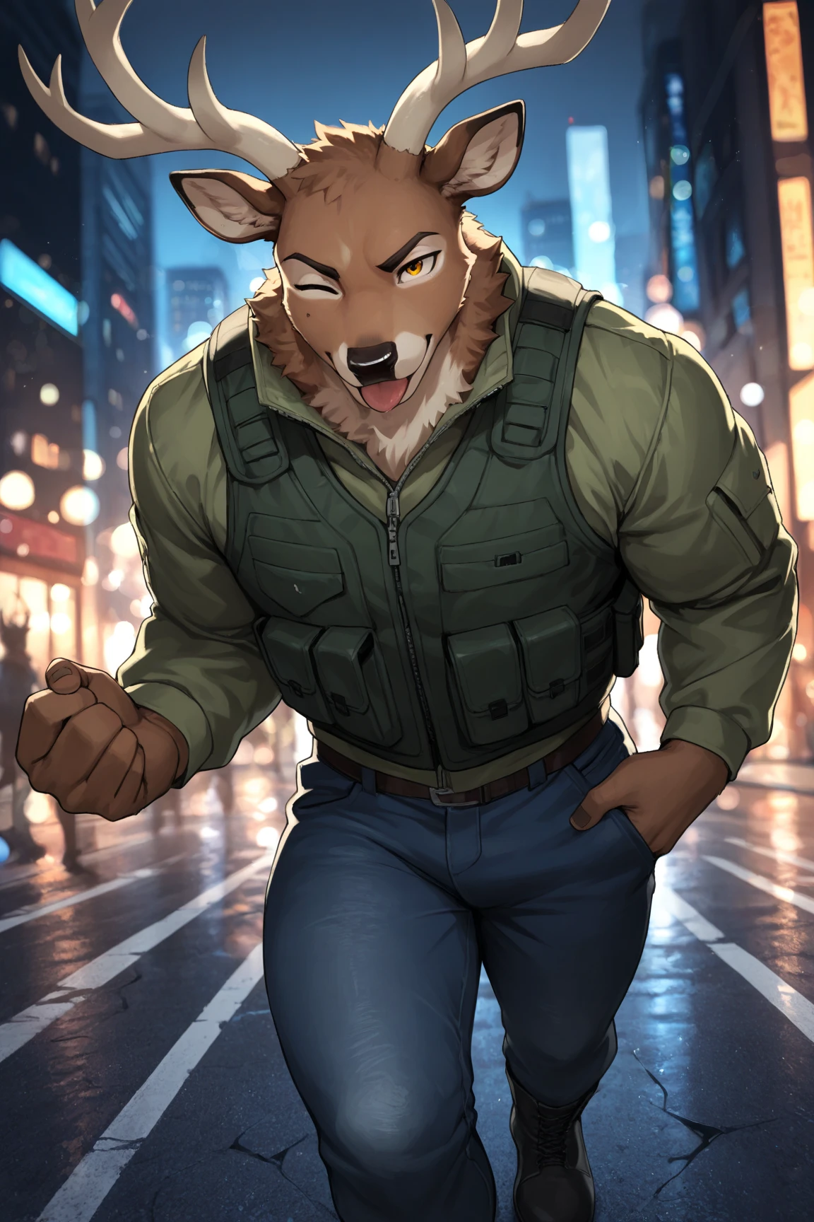 Male, Hyena, Thief, Noir, furry claws, spotted fur, brown fur, brown eyes, running, facing_to_side, tall, muscular_male,