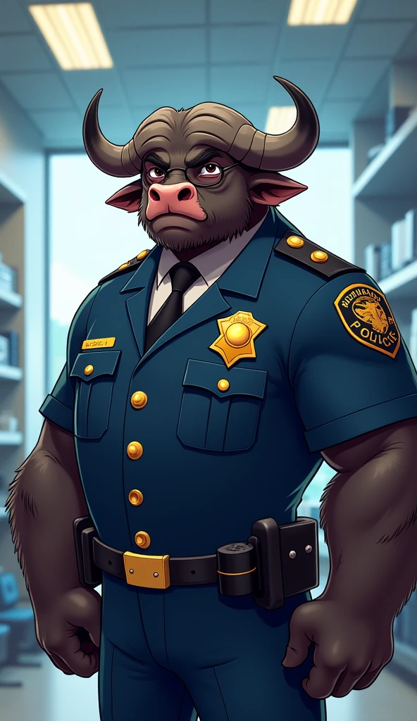 (ultra detailed), a beautiful and detailed full size portrait of a male anthro chief bogo, green eyes, glowing eyes, black body, brown skin, horns, tail, bedroom eyes, detailed eyes, big body, sexy body, (wide body). goddess, kenket, Ross Tran,ruan jia, trending on artstation,foxovh, cenematic lighting wboobset, (((police uniform, blue pants, big bulge))), day, sad, looking at viewer, blush, wet, front view, office, standing, hands free,