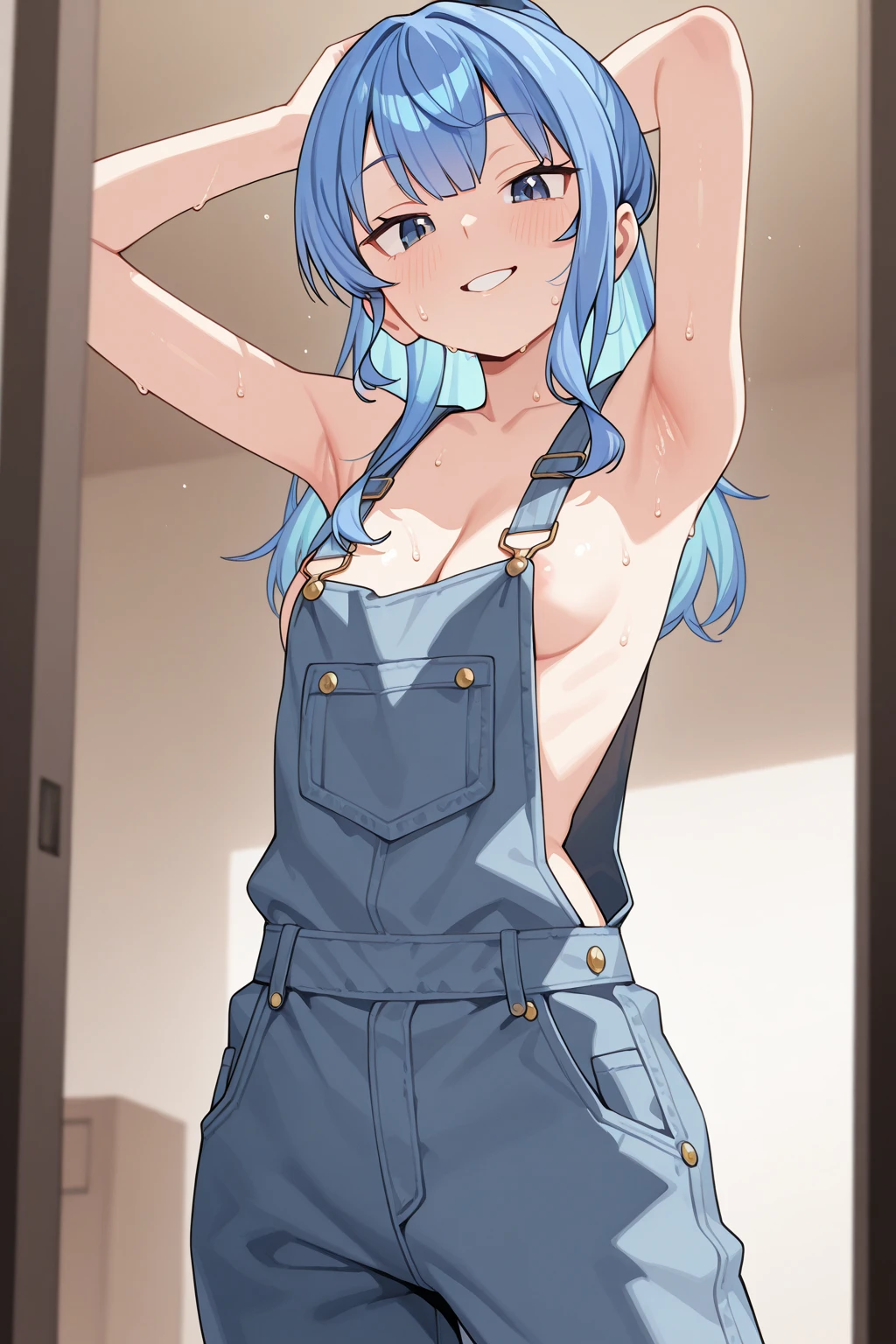 masterpiece, beautiful, 4k, detailed, intricate details, , shota, overalls, jean overalls, cuffed overall,  long ponytail turquoise hair, ((??turquoise hair)), (((red eyes)),  smile, slight smile, 1boy, young delicate prince, shirtless, overalls over skin, bare shoulders, bare sleeves, bare arms, facing forward, side cut, torso shown, leaning forward, flat chest,(nsfw:0.55), ((flat chested, flat stomach, baby face)), (intense colors)