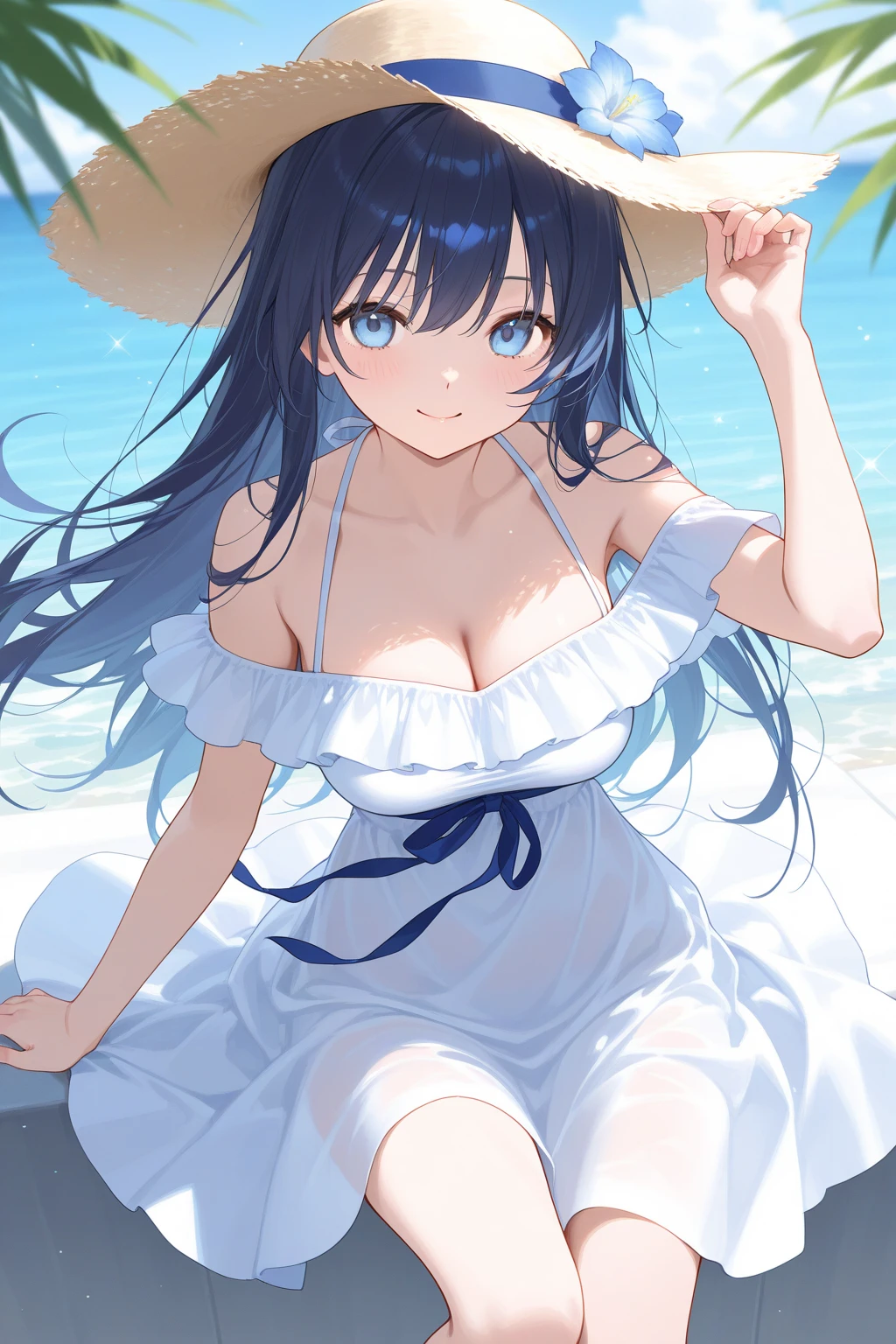 A Beautiful Cute, Extremely Thick Young Girl, with ((Long Black Hair)), (Big Beautiful Bright-Blue Eyes), (Extremely Gigantic breasts, Incredibly Enormous breasts, Extremely Overinflated Breasts), Enormous Thighs, and a 5.5 foot tall figure. Wearing a (Shoulder-less, White Dress, with Black Shoulder Straps), and a ((Black Skirt)). Standing in a Modern House, with a Beautiful Ocean view in the background. Big Cleavage, Cute smile, embarrassed expression,