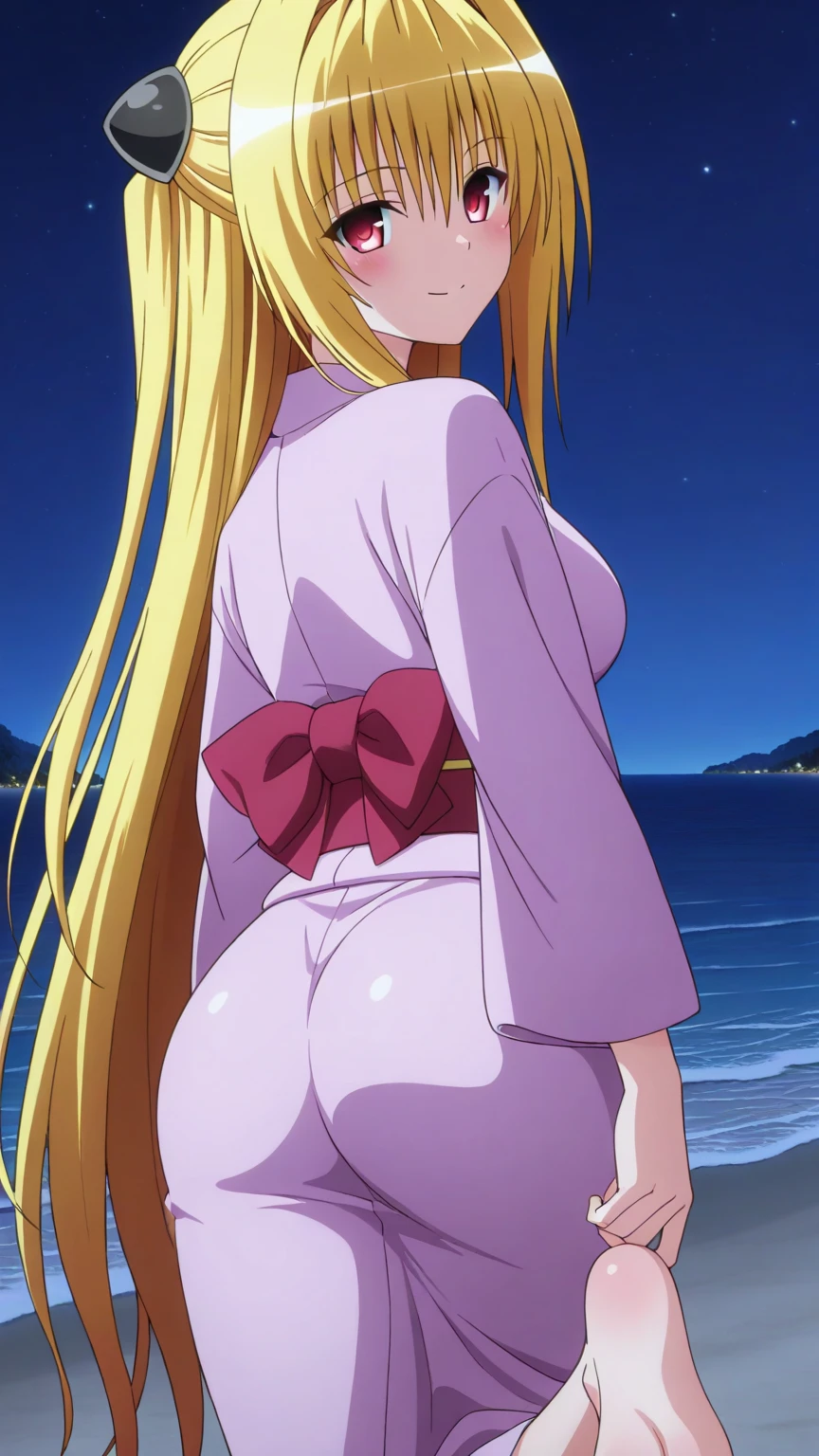lacus4, (nude, adult woman, ultra detailed body, 4K, Best Quality, Anime style: 1.9, artistic nude, (garden setting, cherry blossoms), Drawing lines, high resolution, lacus4), 1girl, Solo, curvy figure, Long hair, (side braid, Hair Ornament, Detailed blonde hair, natural highlights, slim arms), (female figure, standing pose), (confident expression), (vibrant colors), detailed fingers, (naked back), (absent clothing, artistic nude).