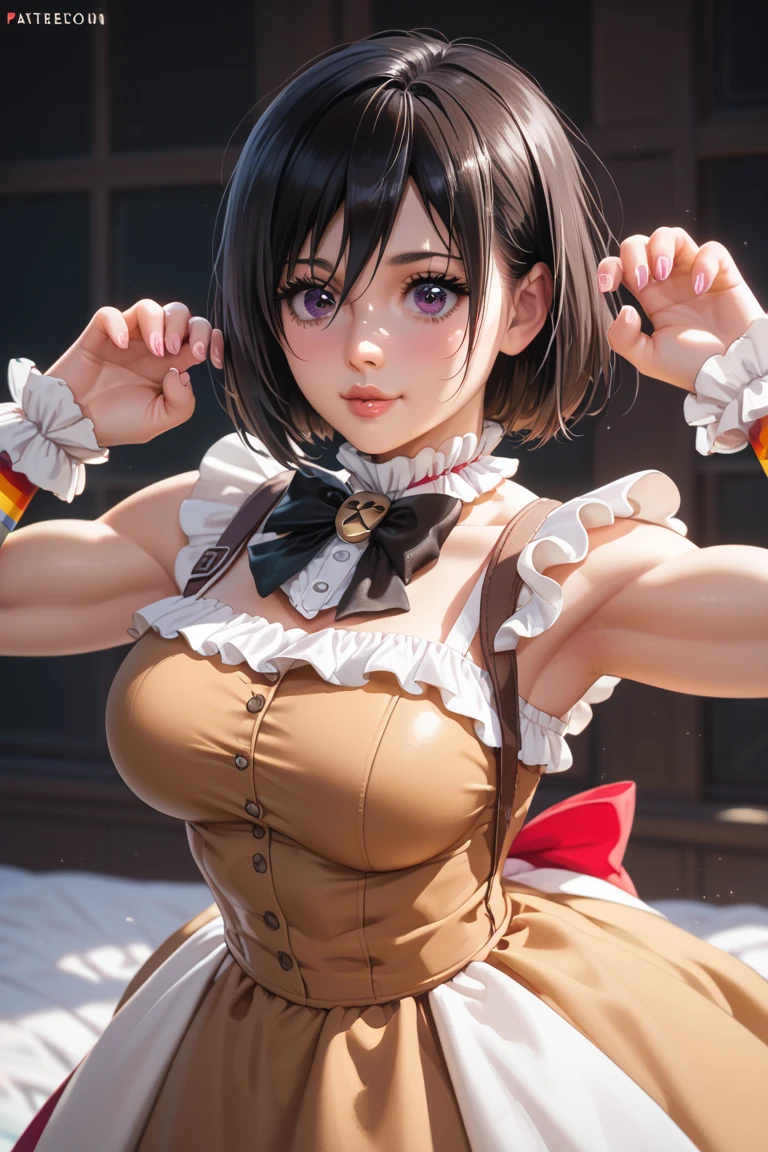 (Dark Skin:1.86),(Blonde gal seduces in the break room:1.5),(Naughty smile:1.5)、(Perm Very Short Short Hair:1.3),(Beautiful breasts)、(looking at the camera:1.3)、(Nasty makeup:1.45)、(False eyelashes),(Red with lascivious white frills:1.25),