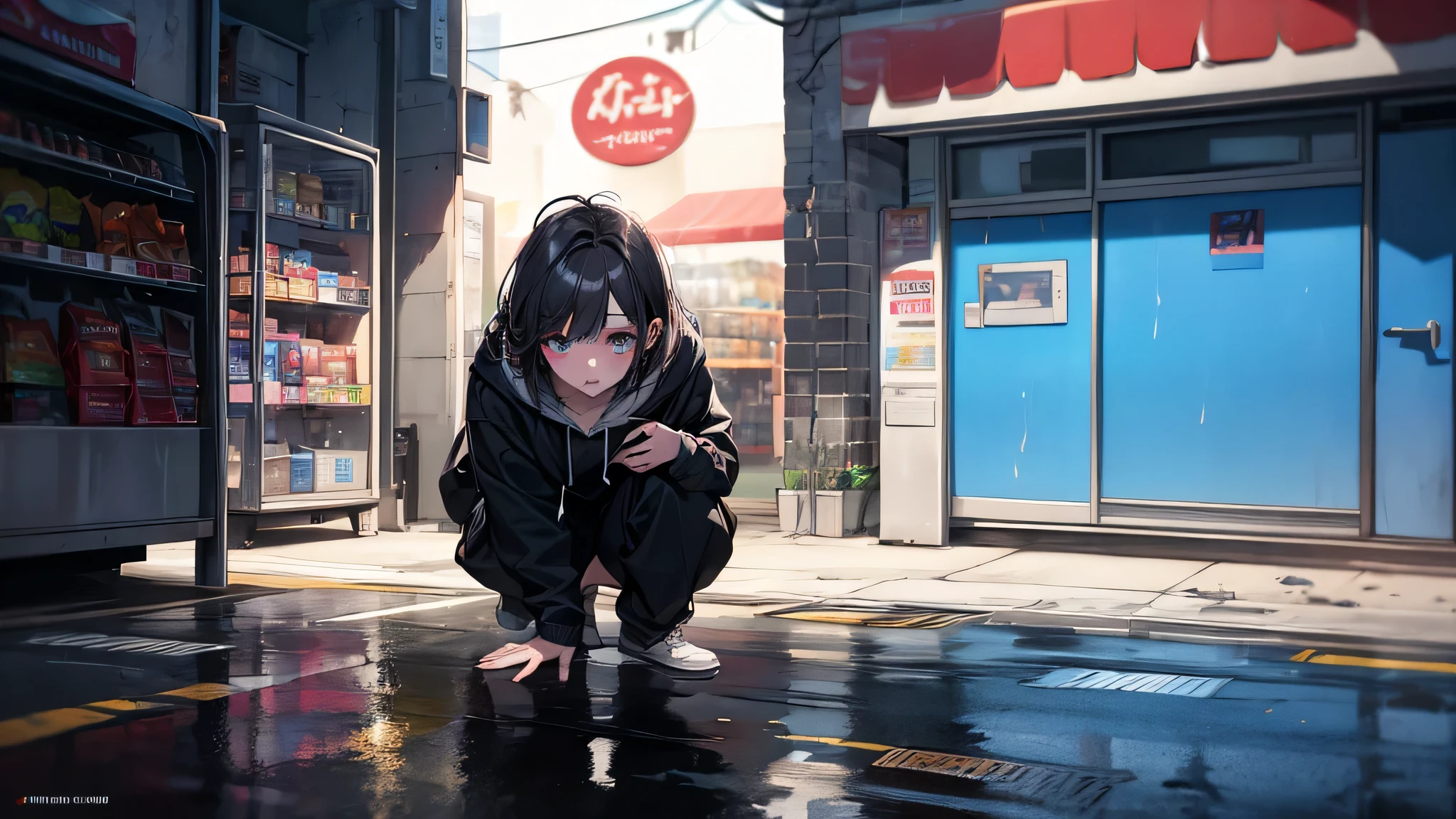a cinematic close-up of a young woman with disheveled hair in a convenience store parking lot at 3AM, wearing a hoodie and smeared makeup, her eyes glowing slightly under the flickering fluorescent lights, urban background blurred, reflective puddles on asphalt, mood is melancholic and dreamlike —ar 3:4 —style raw —v 5