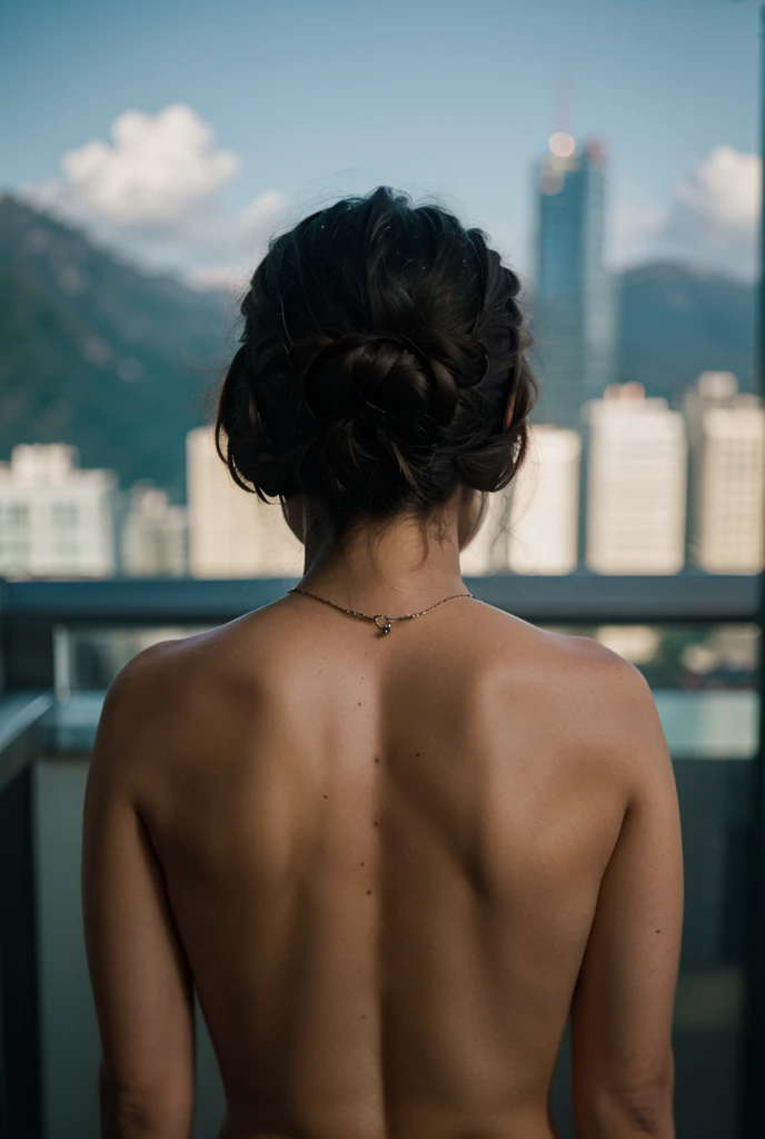 award-winning photo, , cyberpunk costume, Cracked porcelain skin, A dark-haired、 big plan, vibrating, Photorealista, realist, dramatic, cloudy, sharp focus, 8k、highcontrast、teats、??????、pose genial、back view