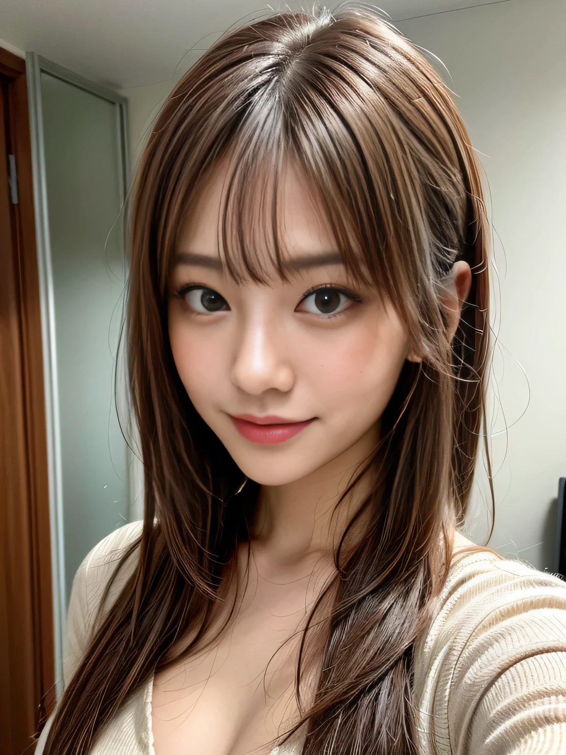 (highest quality、Tabletop、8k、Best image quality、Award-winning works)、1 pretty girl、(White fluffy elegant open cardigan:1.1)、(Very smooth and finely textured elegant open cardigan:1.1)、Perfect Girl Portrait Photo、Glowing Skin、Brown Hair、(Cleavage:1.1)、standing elegantly、Small face、(Big pretty eyes:1.1)、(Close-up of face:1.1)、A cute little smile、(The simplest beige background:1.1)