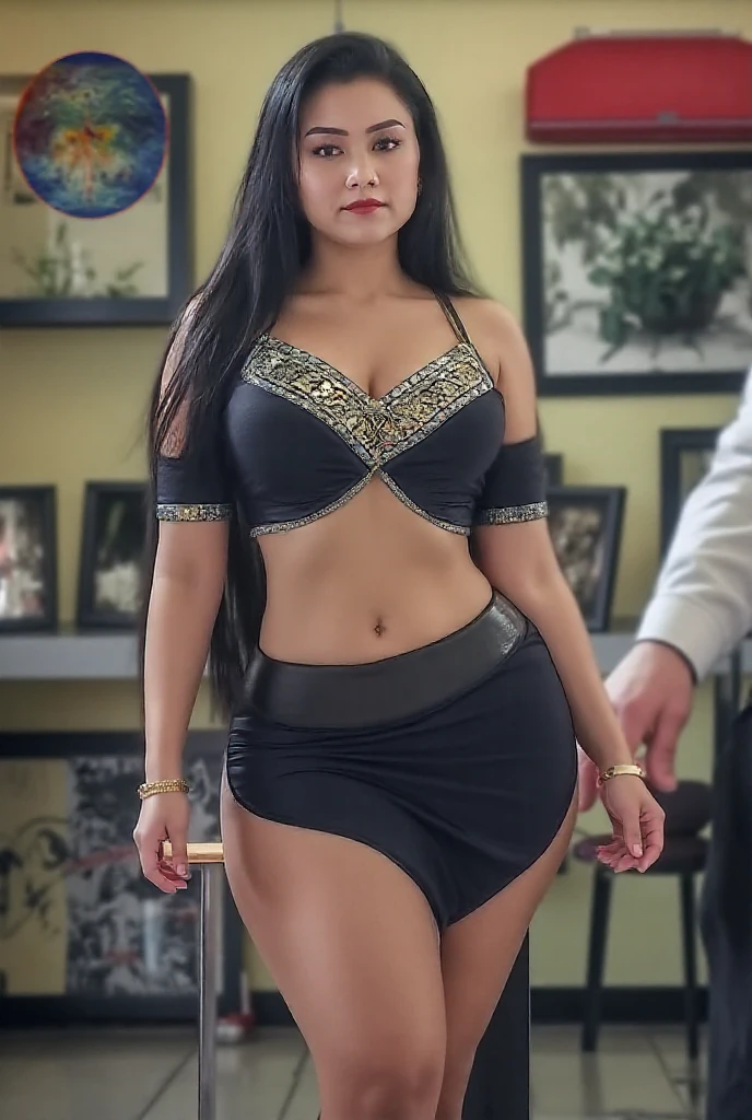 close-up, full length, 17 years arabic , in narrow thong, very big hips,very long black hair, cybernetic parts of body, backdrop old manufactory, looking at me,flirt, ultra-high-quality detailing