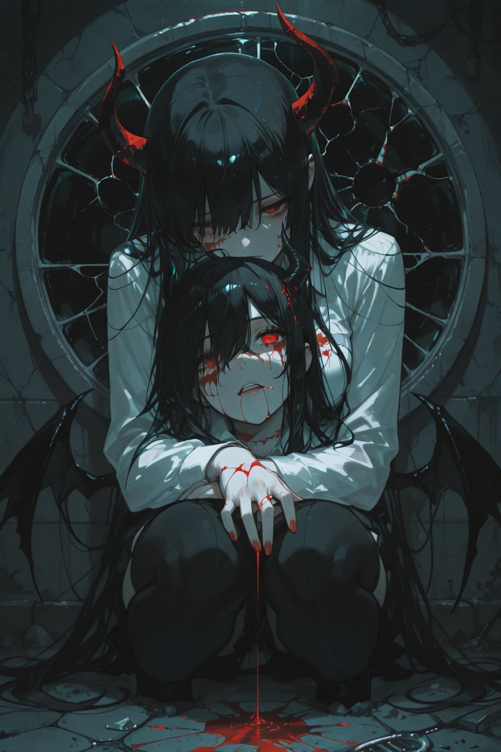 masterpiece, best quality, 1 girl, supine, lying face down on the floor, pale skin, messy hair, red eyes, glowing eyes, creepy, creepy smile, crazy expression, blood on face, blood on clothes, naked, creepy, scary, blood, horror, light particles, night, iron bracelets with chains,