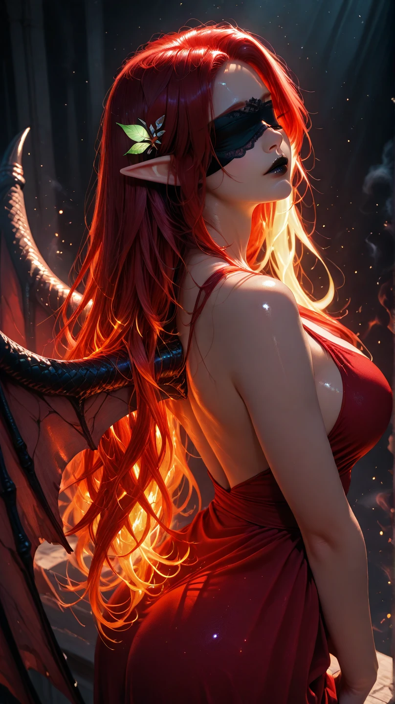 solo, 1girl, ((best quality)), ((masterpiece)), (detailed), 4k, very small red goblin girl, red skin, pointy ears, long straight red hair on fire, red eyes, looking at viewer, tired, exhausted, nude, small horns on head, sexy pose, looking at viewer, post coitus, post sex, after sex, loving, wants more sex, loving expression, lying down looking up at viewer
