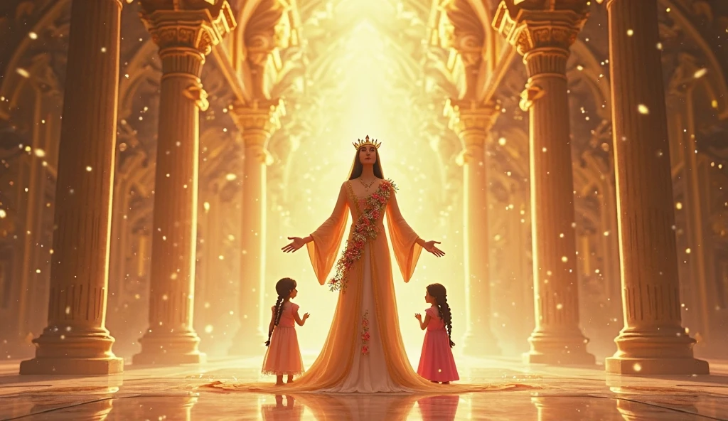 Magical Mom with her children, boy and girl surrounded by Light, portals of light, and sparks of light, colors in the image: beige, dorado, Brown, orange, white, pale pink, 