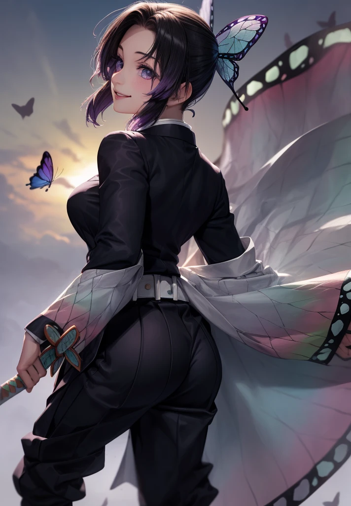 Octane Render、(Hyper-detailing: 1.15)、cinematic lightening、Taken from behind、Cute Fantasy Princess、Handgun shooting practice、Fine Pattern Pistol,long boots、ultradetailed eyes、Full Paint、（Floral hair ornament、butterfly hair ornament）、masutepiece、Anatomically correct、blur、depth of fields