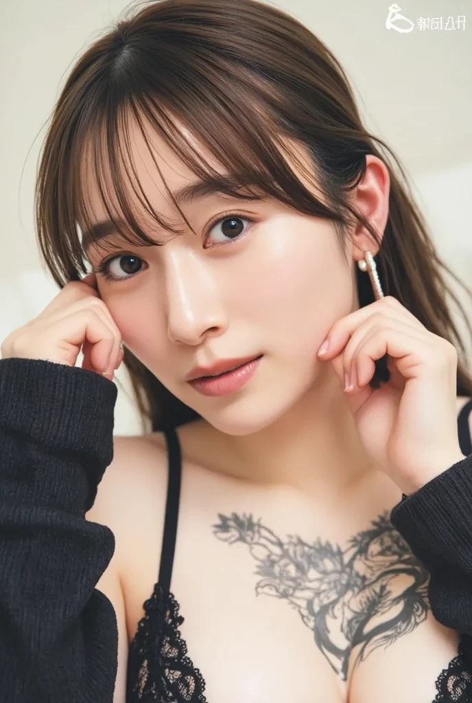 (Black Shorthair:1.2),  (a 20 yo woman), (A hyper-realistic), (Masterpiece), (8KUHD), Looking at the camera, Wearing jeans, ((Clothing with animal prints - shirts), (large full breasts), (doodle:1.46), hairaccessories