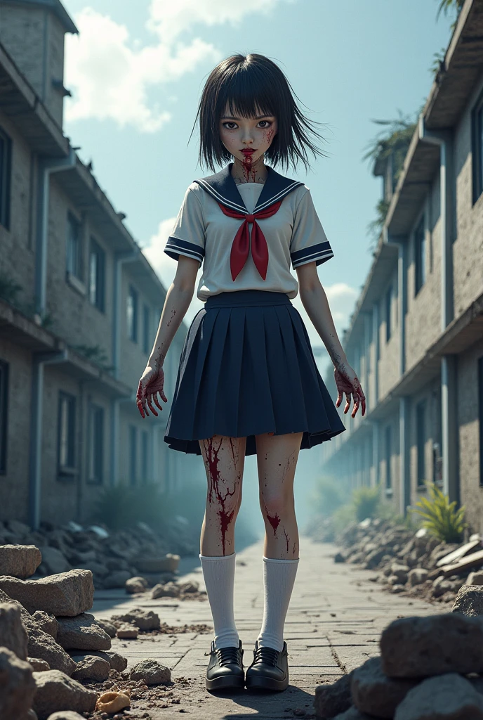 (8K、RAW Photos、highest quality、masterpiece:1.2), (Realistic、Photorealistic:1.2), High resolution skin, One Girl, Iris, Japanese, (Slender girl:1.3), Beautiful girl, (Thin legs:1.5),dark blue skirt,(short skirt:1.2),sailor suit,( White high socks:1.2), Short sleeve,sneakers, whole body,(soil ground:1.1),(standing),(muddy:1.2),(wounds,bloody legs:1.6)