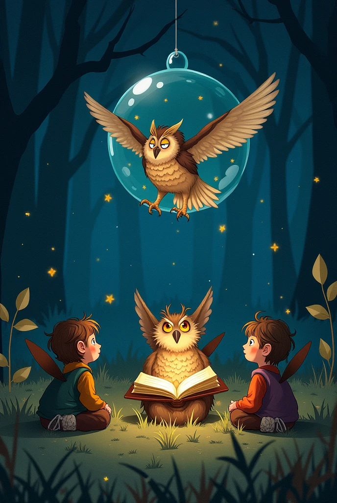 "A wise old owl, glowing softly with a warm light, perched on a branch with children around, each holding a small glowing orb in their hands, symbolizing their hearts."