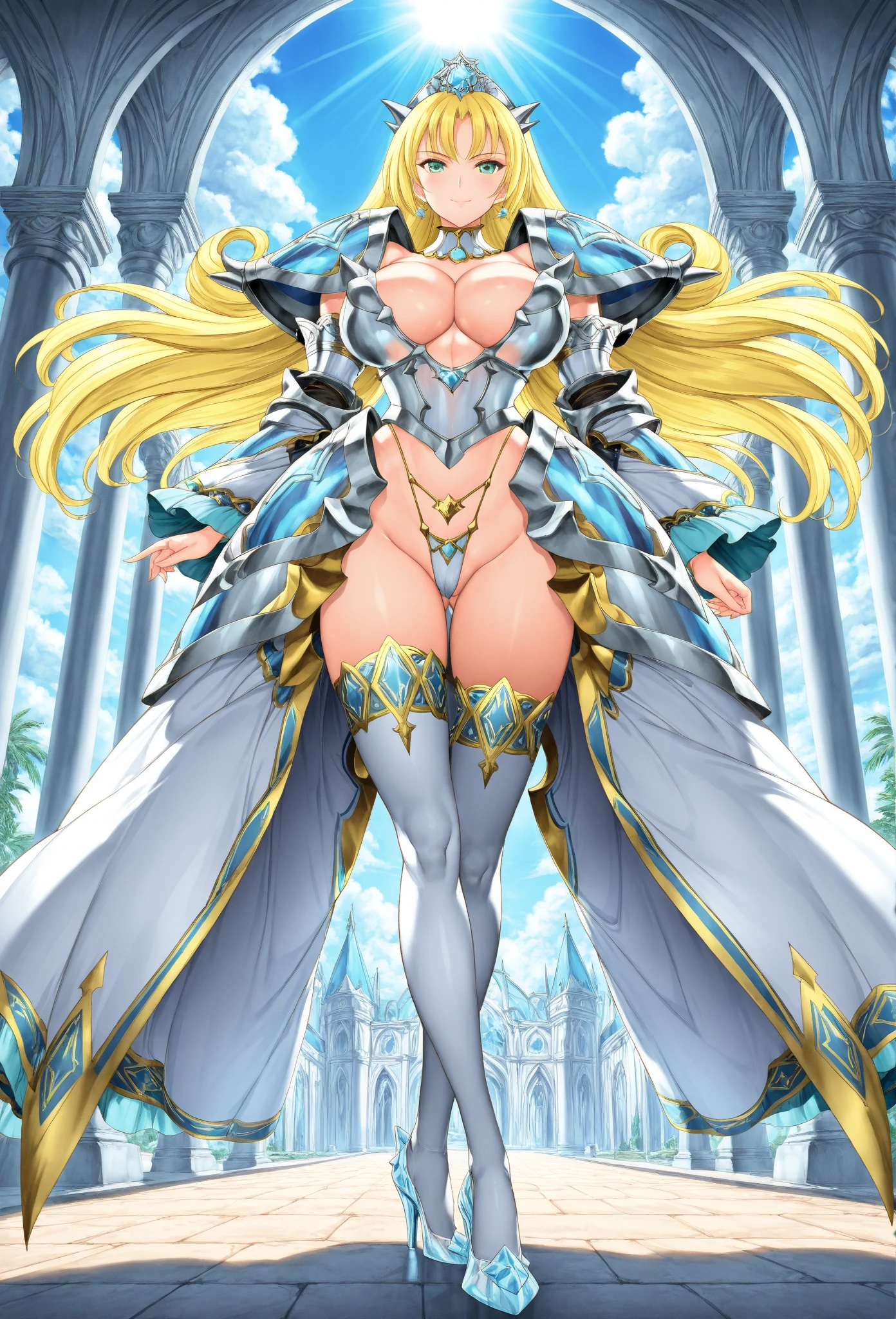 ​masterpiece、top-quality、Full body like、golden armour、fullnude、Anime girl with very big breasts posing naked、very big boobs、Hide your with your hands、elvish、no-bra、Blonde blue-eyed、A smile