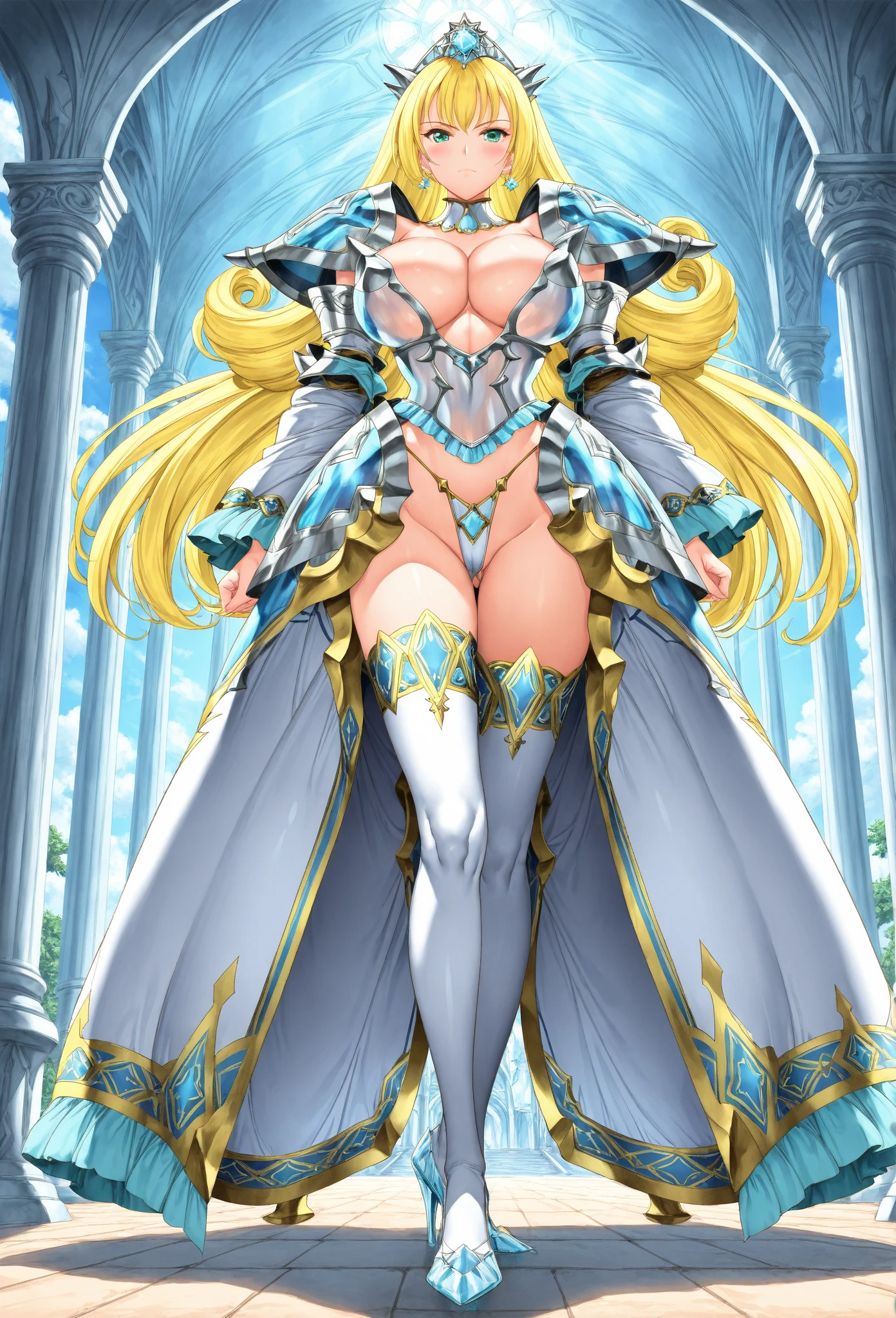 (Masterpiece), (1girl), (Cinderella Queen's Blade), (bikini armor), (blonde hair), (white thighhighs, stiletto heels, very long hair, huge breasts, highleg leotard, (((green eyes))), cleavage, flipped hair, showgirl skirt, blue shoulder armor, breastplate), (cowboy shot), smile, gleaming skin, oil skin, shiny skin, wet skin, sweat, white frill sleeves, perfect eyes, shiny eyes, deep detailed eyes, fair skin, sexy, antique chair, throne, sitting, breasts focus, castle room background,
