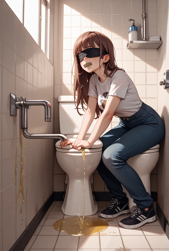 NSFW, 4k, 8k, Perfect Anatomy, Exact number of legs, Exact number of arms, masterpiece, highest quality, high quality, best quality, high detail, super detail, very detailed, detailed light, best shadow, textured skin, (Realistic), (blush), anxiety, petrified, unhappy, ((looking at viewer)), ((orgasm, love juice)), ((1girl, solo, tachibana arisu, long hair, black hair)), flat chest, small breasts, ((restrained)), (tied, shibari, tied up with rope:1.5), thighs, ((elected puffy nipples)), belly button, (in stocks pose), (arms behind back:1.5), (spread legs:1.4), (sitting on the toilet bowl:1.5), ((toilet)), (pee, peeing, piss:1.3)