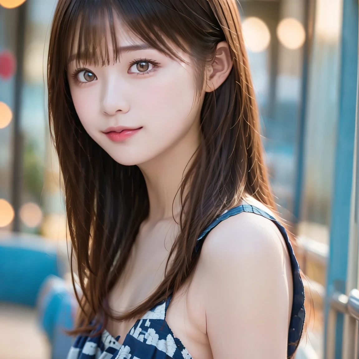 ((cute日本の女の子、beautiful japanese girl、1 girl、clear、19 years old、ponytail、Highly detailed face and skin texture、refinement、super detailed face、highly detailed eyes、Lee Hong、blush、cheek、ピンクのcheekを塗ったcheek、close-up of woman、 from the neck up、 Close to the camera、 positive face、Forward-facing body、look at the camera、front、cute、smooth white skin、Transparent skin texture、))、(dark brown hair、bangs)、beautiful woman with perfect style:1.4、japanese model、young gravure idol、若いcuteグラビアアイドル、Realistic young gravure idol、refinementされたグラビアアイドル、((highest quality、8K、masterpiece:1.3、1photograph))、(4K、RAWphotograph、highest quality)、(realistic、フォトrealistic:1.37)、Place someone on the other side of the screen、Natural light、