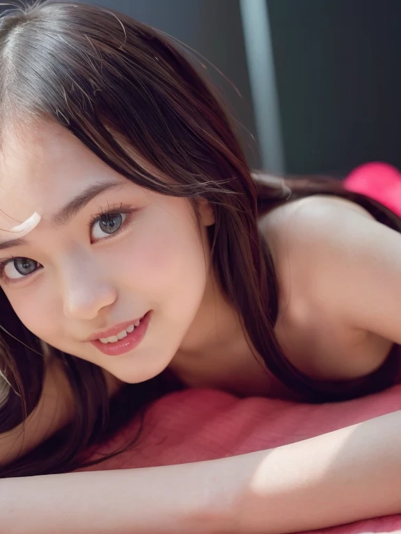 (hightquality、masterpiece、ultra res、Taken in long shot、Full nude shooting),in 8K, (japanese beauty girl(Clear eyes:1.3)、(Makeup is natural makeup)、Very young girl、A girl with a cute smile、 10-year-old female model(Super cute face in idol style:1.2))、(Hairstyle in a ponytail, Bangs are snappy)、Full nude shooting、(The area around the genitals is smooth、The genitals are so real)、(Breasts are small、A well-balanced slender nude figure)、((The whole body of the girl from head to foot、Taken in long shot))、((Neru))、((Cute PINK Room)),((Pink bed)), ((Pink lighting)),((natta))